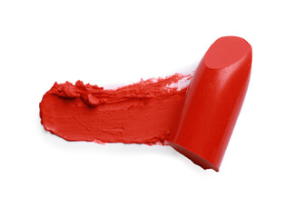 Bright lipstick and smear on white background, top view