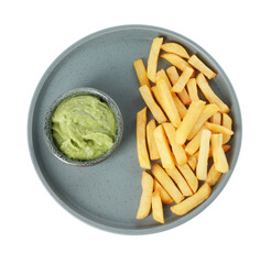 Plate with delicious french fries and avocado dip isolated on white, top view