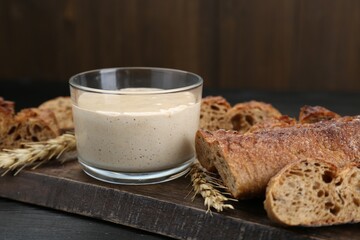 Freshly baked bread, sourdough and spikes on wooden table, closeup