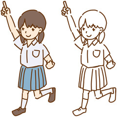 人差し指を立ててジャンプする アジア系の女子学生 様々な人種の学生イラストシリーズ ブレザー制服 全身	