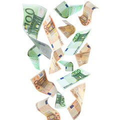 Many euro banknotes flying on white background