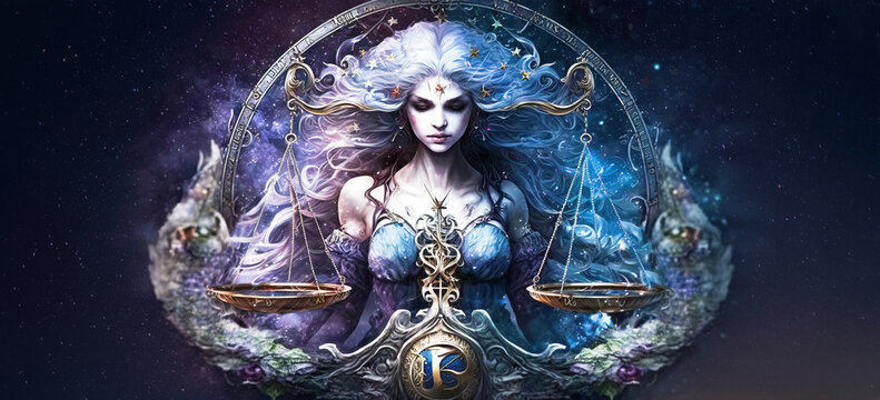 Libra zodiac sign, beautiful woman balancing the scale of justice. Image created with generative ai.