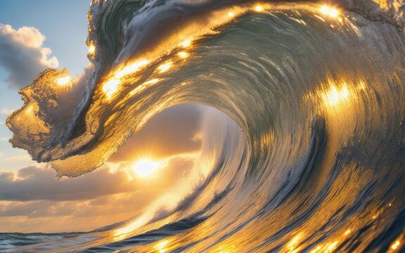 Large ocean wave with the sun shining through the water, Generative AI
