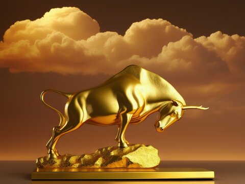 Solid gold bull statue with clouds in the background, Generative AI