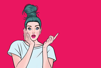 Surprised sexy woman showing surprised party girl advertising design presents something in pop art style illustration