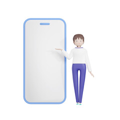 3DCG｜スマホの前で説明をする若いアジア人女性