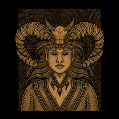 illustration demonic girl with antique engraving style