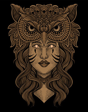 illustration tribal girl with owl head on black background