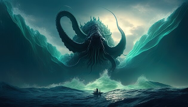 Cthulhu rising apocalypse digital art illustration, Generative AI