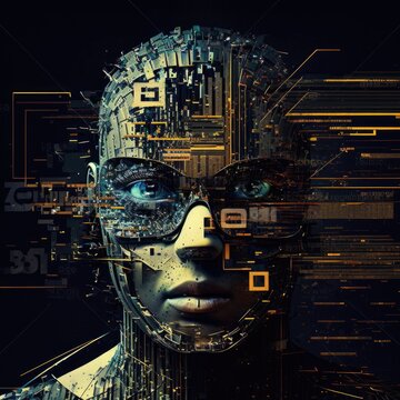 Data shown on androids face with overlay facts. Technology background