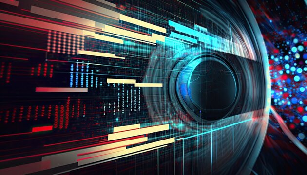 Data stream flowing around circle bright contrast. Dark background
