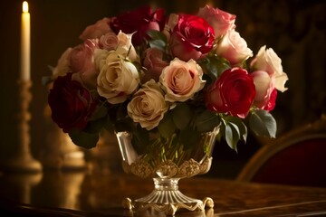 Fototapeta premium Stunning bouquet of red and white roses in the vase on the table. Luxurious interior, muffled light in the room. Generative AI.