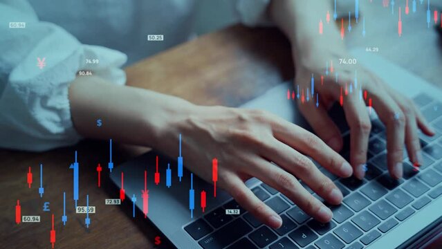 Woman using a laptop PC and financial technology concept. Asset management. FIntech.