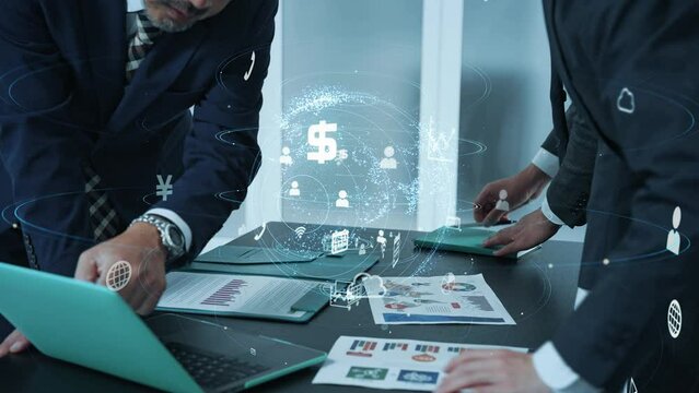 Group of people meeting in office and communication network concept. Smart office. Internet of Things.