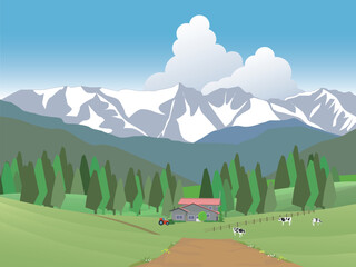 安曇野の牧場とアルプスの背景