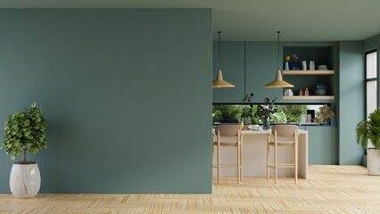 Green kitchen room and minimalist interior design.