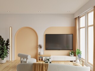 Living room with tv on cabinet in two tone color wall,minimalist muji style.