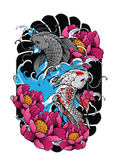 Koi Fish with Japanese Wave and Flowers Tattoo Japanese Illustration Style Isolated Vector. Editable Layer and Color.