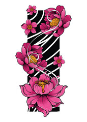 Koi Fish with Japanese Wave and Flowers Tattoo Japanese Illustration Style Isolated Vector. Editable Layer and Color.