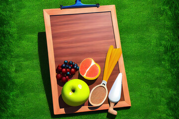 Blank wooden slate with sport equipments and healthy fruits on green turf. Generative Ai