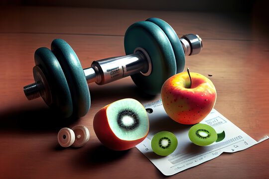 close up of dumbbell, fruits and measuring tape. Generative Ai