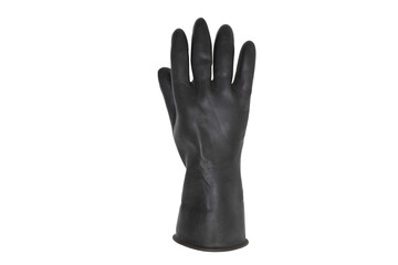 Backside of an isolated hand wearing a black rubber glove with fingers stretched out in front of a...