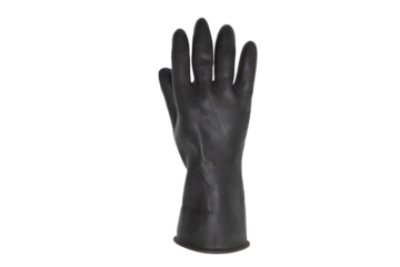 Backside of an isolated hand wearing a black rubber glove with fingers stretched out in front of a white background.