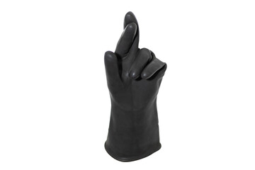 Black rubber glove isolated on a white background Crossing index and middle fingers. Lucky hand gesture