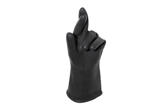 Black rubber glove isolated on a white background Crossing index and middle fingers. Lucky hand gesture - Powered by Adobe