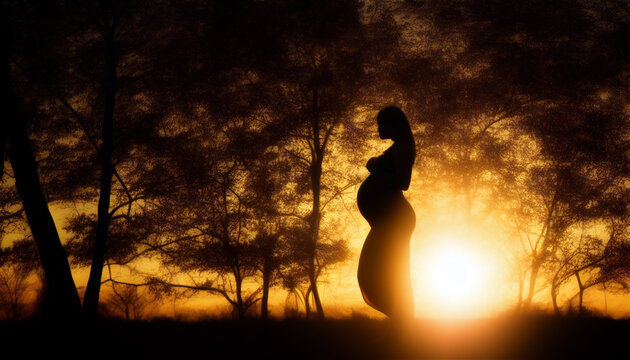 夕陽を背景に散歩する妊婦さんのシルエット　Generative AI
