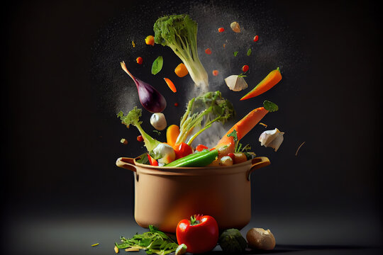 Fresh vegetables falling into a casserole pot. Generative Ai