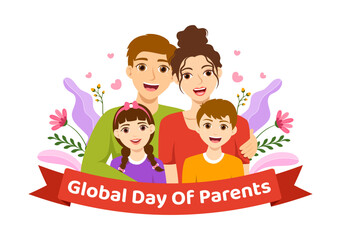 Obraz na płótnie Canvas Global Day of Parents Illustration with Importance of Being a Parenthood and its Role in Kids in Flat Cartoon Hand Drawn for Landing Page Template