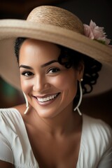 A Joyful Happy Beautiful Easter Display of Diversity: Hispanic Woman Sporting Easter Bonnet with Confidence and Smiles, Symbolizing Unity and Acceptance (generative AI)