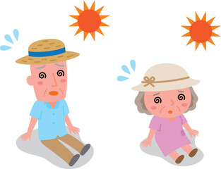 熱中症予防イラスト素材　暑くて座り込むおじいさんとおばあさん
