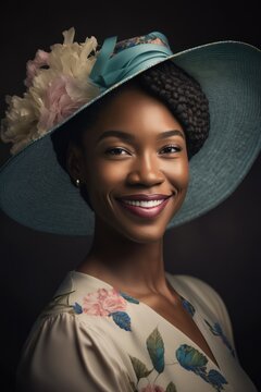 A Joyful Happy Beautiful Easter Display Of Diversity: African American Black Woman Sporting Easter Bonnet With Confidence And Smiles, Symbolizing Unity And Acceptance (generative AI)