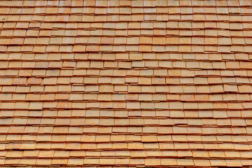 Orange tiles background details, Old orange roof brick under the sunlight, Shingles texture with green moss, Roof top material, Abstract geometric pattern.