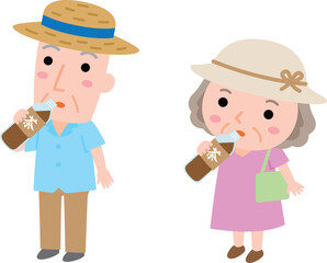 熱中症予防イラスト素材　お茶を飲むおじいさんとおばあさん