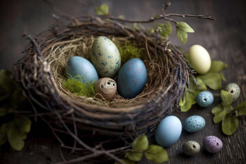 Fototapeta na wymiar Easter eggs on nest with leaves. Generative AI illustration