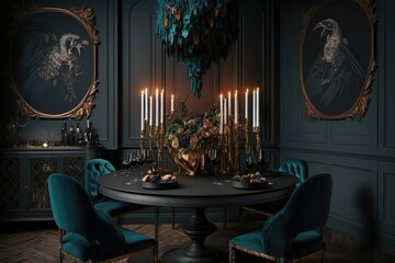 Gothic Feast. Dark dining room ideas for the bold and brave. Generative AI