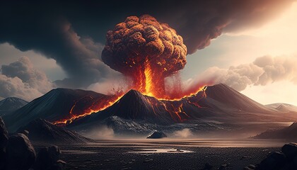 super volcano apocalypse digital art illustration, Generative AI - obrazy, fototapety, plakaty
