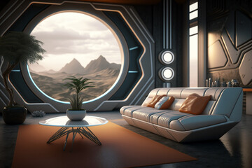 Futuristic living room with futuristic sofa and table. Generative ai concept