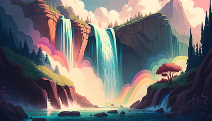A majestic waterfall, with cascading water and misty rainbows. digital art illustration. generative AI.