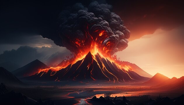 super volcano apocalypse digital art illustration, Generative AI