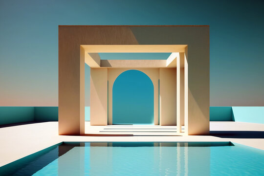 Modern swimming pool with contemporary architecture. Generative AI illustration