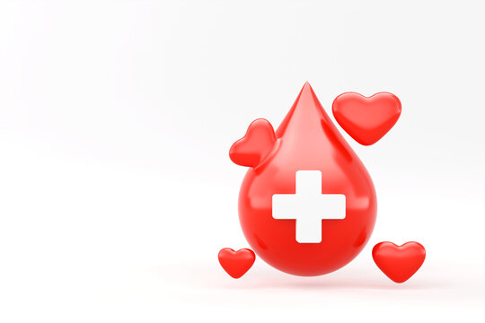 3d red blood drop with white cross sign with copy space background, banner, card, poster concept of world blood donation day. 3D Rendering