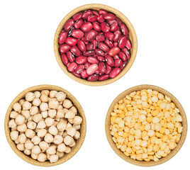 Set of spices, seeds with a high content of antioxidants, minerals and vitamins. Bowls with beans, peas, chickpeas on white background. Top view, flat lay. Alternative medicine.
