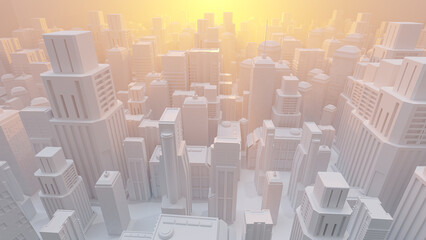 Crowded white city was clouded with dust and smog. Golden light shining from behind. looks like sunrise or sunset. Environment and way of life concept. Minimal style, 3d render.