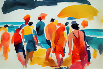 people on the beach, in loose watercolor style. Generative ai.