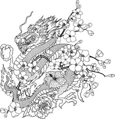 Traditional Japanese dragon with cherry blossom and wave for tattoo design.Hand drawn Chinese dragon for printing on shirt.Beautiful line art of dragon vector for painting on white isolated background