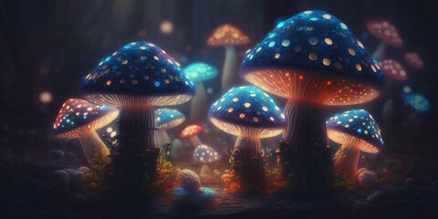 Digital Illustration of a Magical Fantasy Glowing Mushrooms in a Forest Setting. Concept Illustration, Magic Mystery and the Unknown. Made in part with generative AI.
